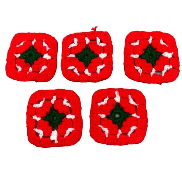 handmade Christmas coasters knit red green set of 5 square decor 3.5" READ - Picture 1 of 6